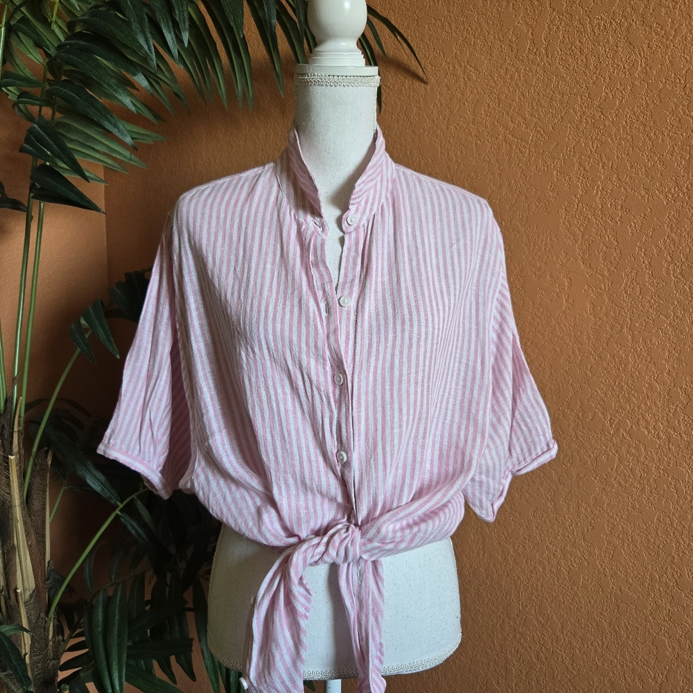 3/$25 Beach Lunch Lounge Collection Striped Button Down Top Large Linen Pink